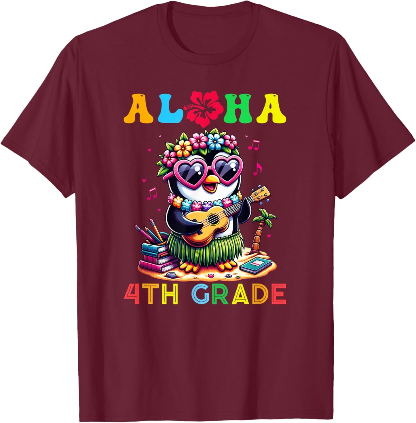 Aloha Fourth Grade Penguin Hawaii Back to School Kids Girl T-Shirt - T-Shirt | Maroon