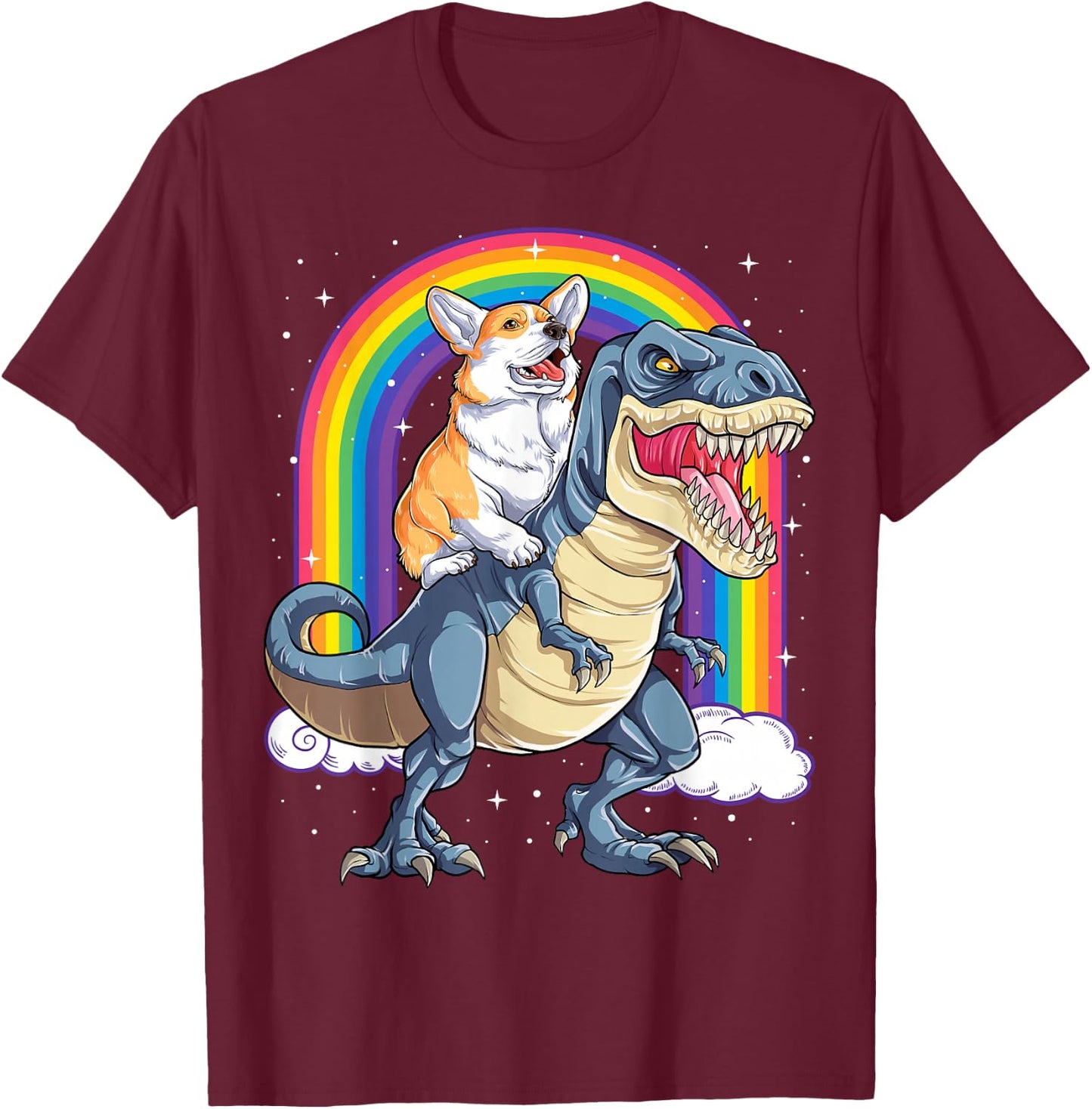 Corgi Riding Dinosaur T-rex Boys Girls Space Galaxy Rainbow T-Shirt - T-Shirt | Maroon
