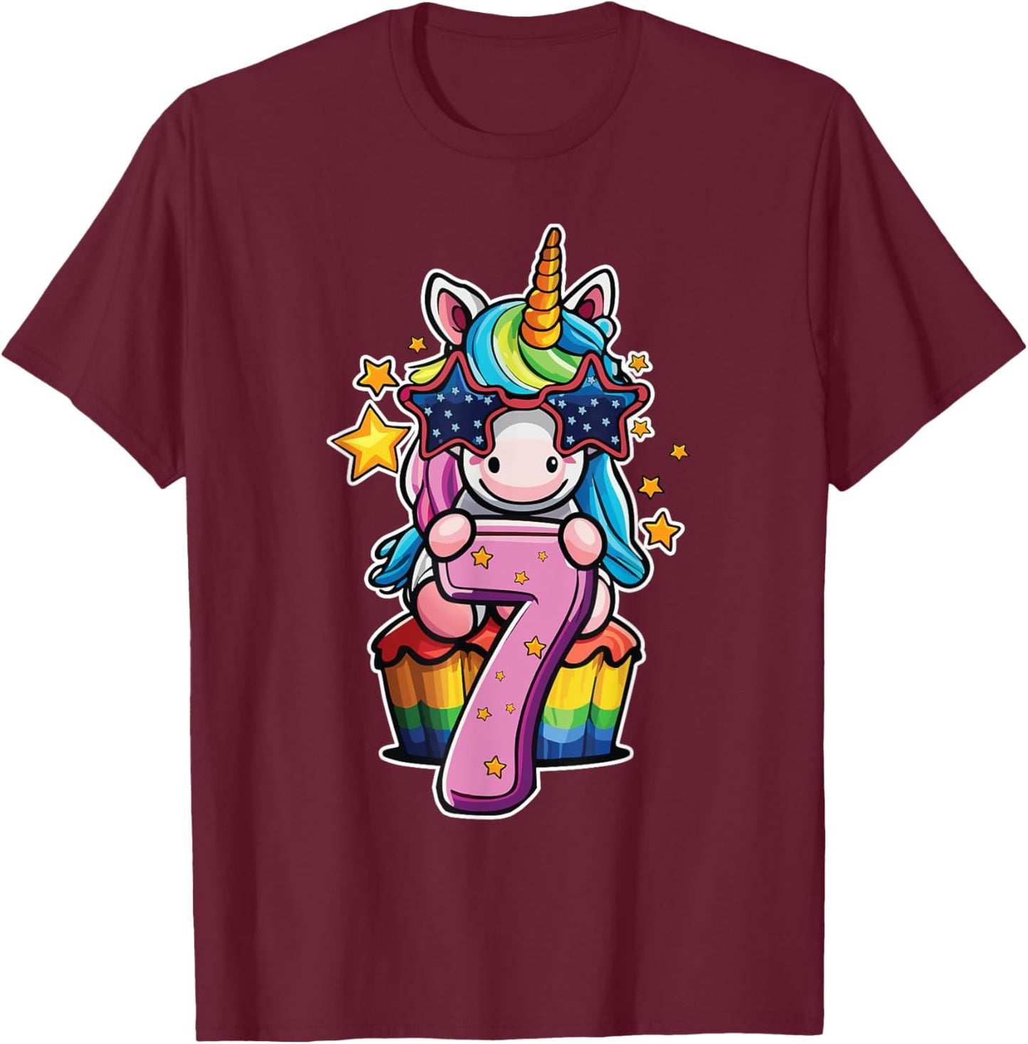 Unicorn Happy 7th Birthday Age 7 Rainbow Cupcake Cute Party T-Shirt - T-Shirt | Maroon