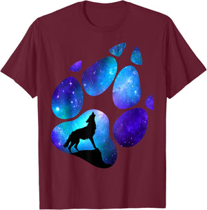 Wolf Paws Galaxy Wild Lone Wolves Stars Moon Wolf T-Shirt - T-Shirt | Maroon