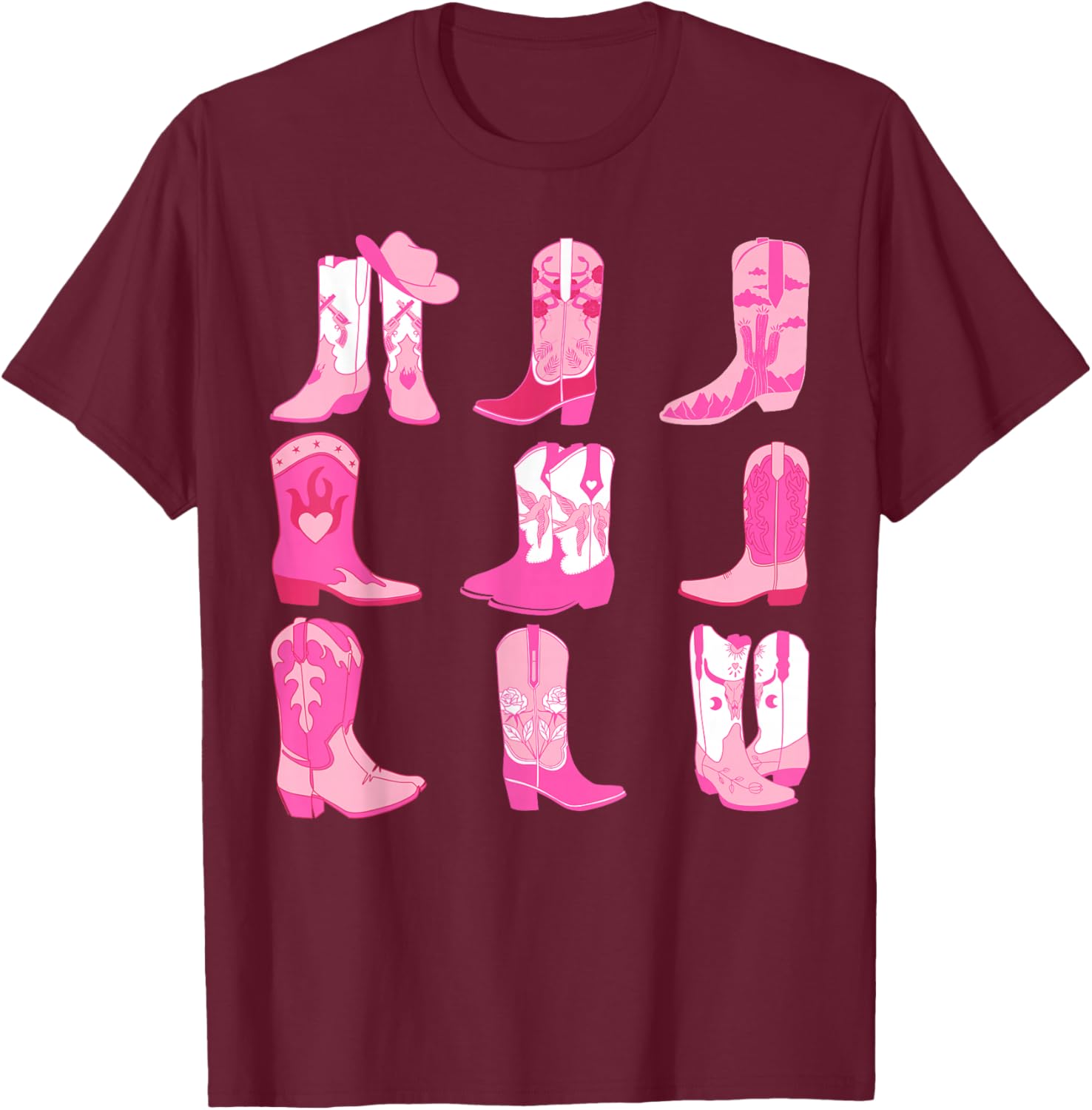 Western Country Rodeo Pink Cowboy Cowgirl Boots T-Shirt - T-Shirt | Maroon