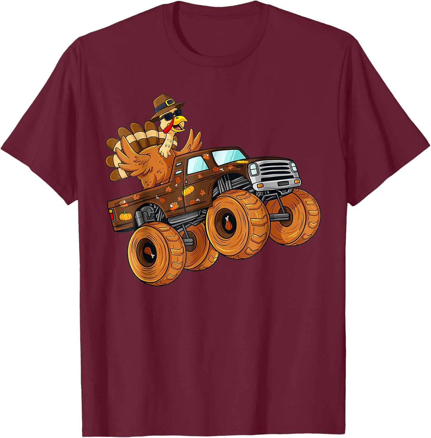 Turkey Pilgrim Riding Monster Truck Thanksgiving Boys Kids T-Shirt - T-Shirt | Maroon
