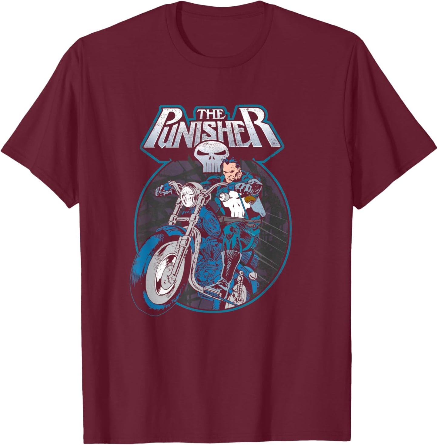 Marvel Punisher Frank Riding Motorcycle Vintage Portrait T-Shirt - T-Shirt | Maroon