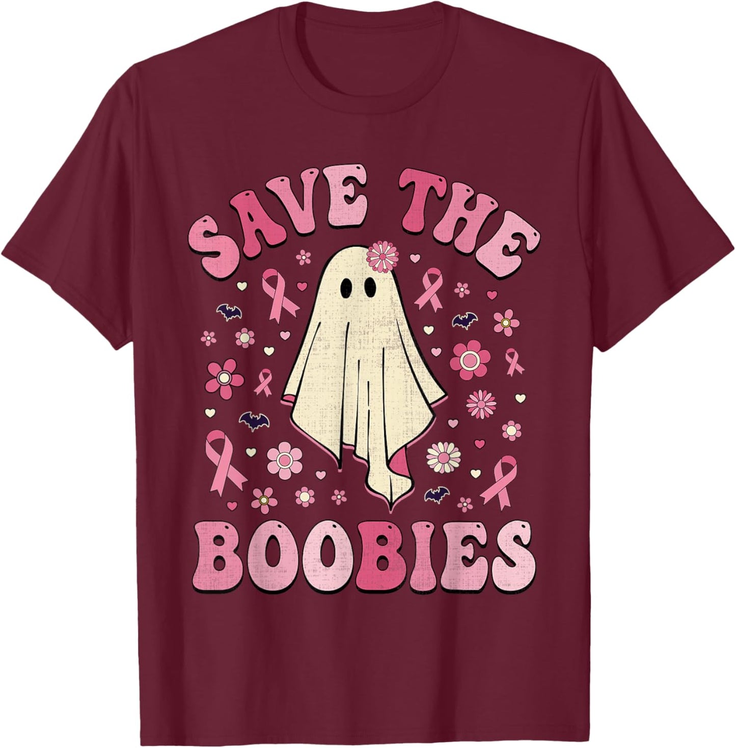 Save the Boobies Pink Halloween Ghost Breast Cancer Groovy T-Shirt - T-Shirt | Maroon
