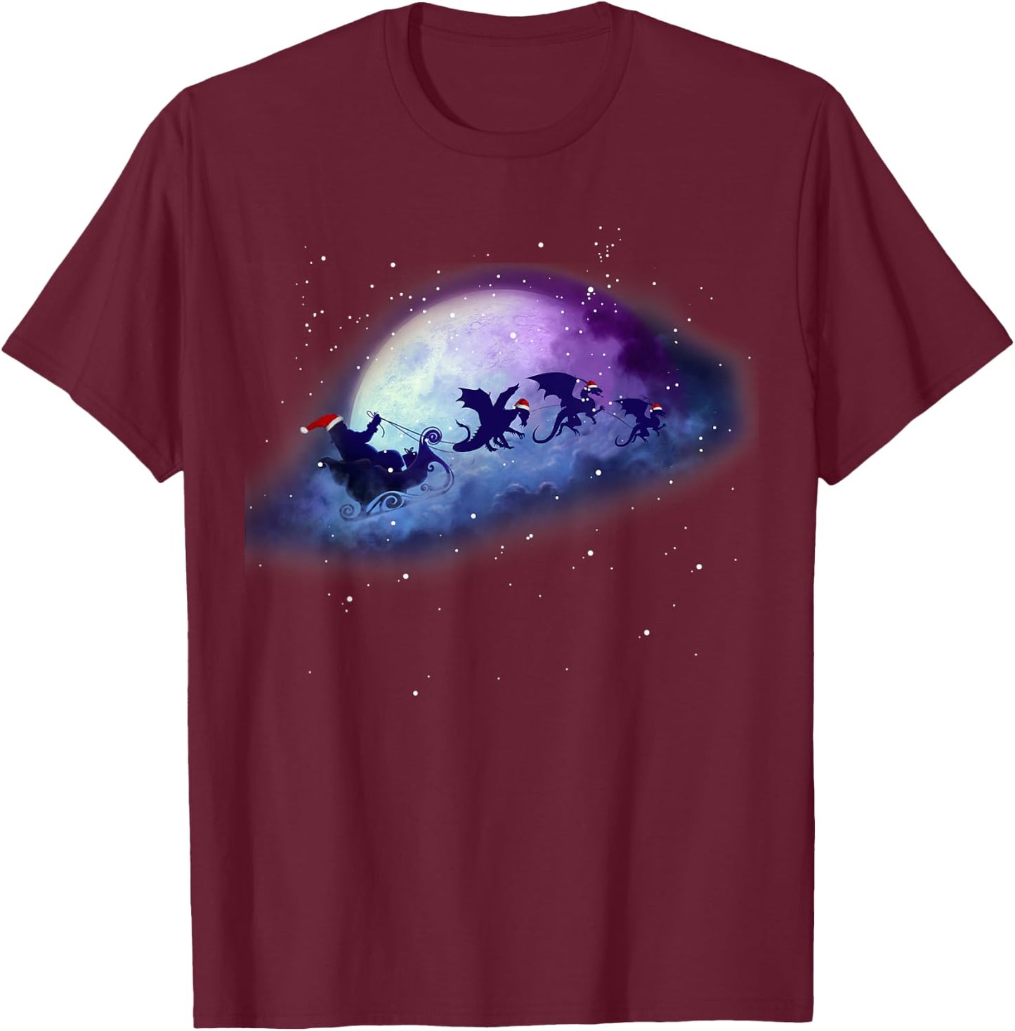 Christmas Santa Claus Flying past the Moon, Santa Dragon T-Shirt - T-Shirt | Maroon