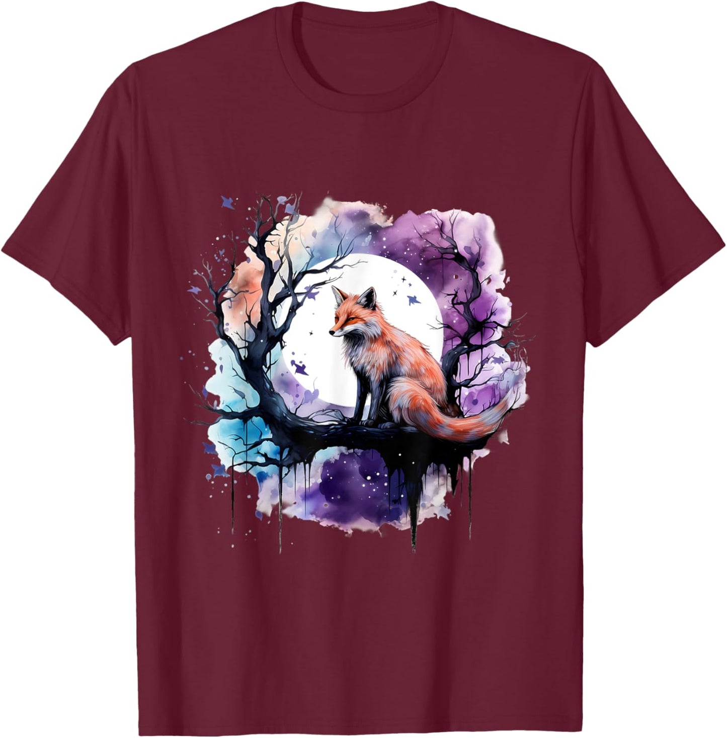 Fox Animal Art Wildlife Artwork Moon Nature Animal Lovers T-Shirt - T-Shirt | Maroon
