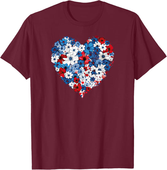 Floral Heart - Red White and Blue 4th of July Patriotic T-Shirt - T-Shirt | Maroon