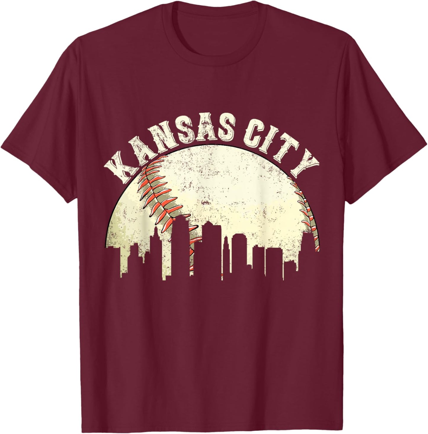 Vintage Kansas City Cityscape Baseball Lover Men Women Kids T-Shirt - T-Shirt | Maroon