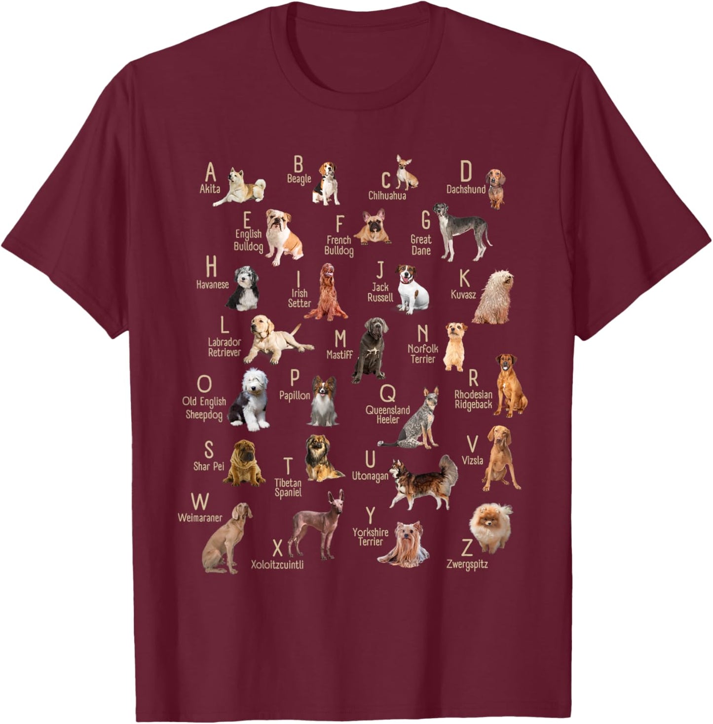 A-Z Dog Breeds Cute ABC Learning Chart Teachers Dog Rescue Men Women Kids T-Shirt - T-Shirt | Maroon