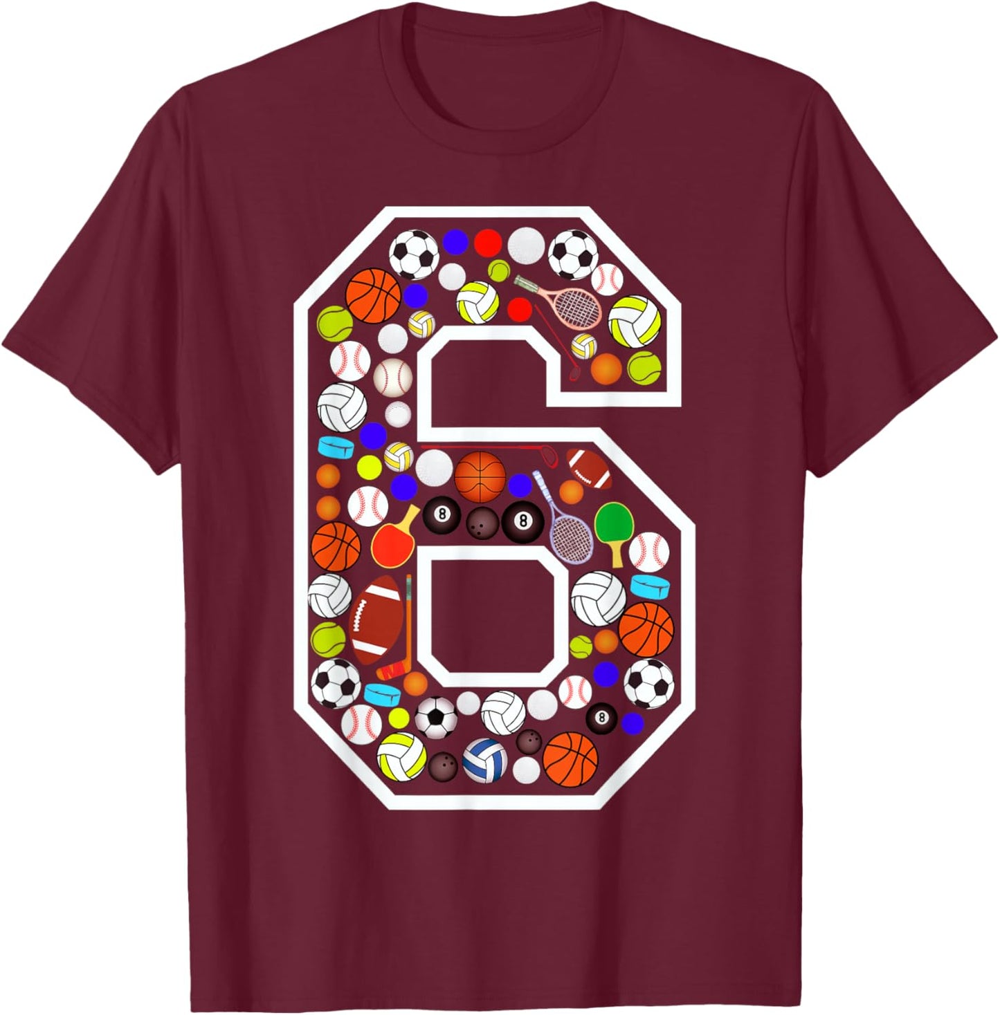 Kids 6th Birthday Sports Big Number Six 6 Year Old Boy T-Shirt - T-Shirt | Maroon