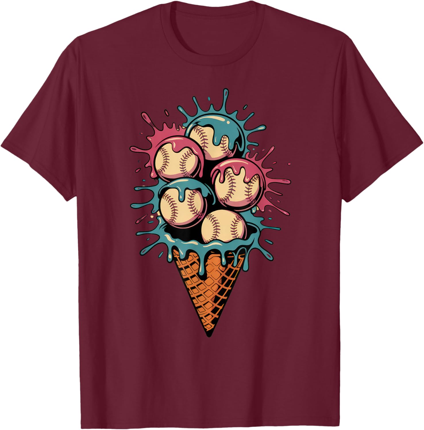 Baseball Dripping Ice Cream Drip Youth Boys Baseball T-Shirt - T-Shirt | Maroon