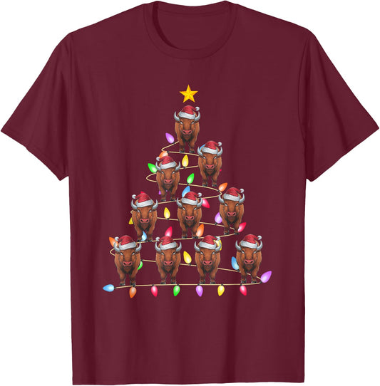 Christmas Tree Lights Men Women Santa Bison Xmas PJs T-Shirt - T-Shirt | Maroon