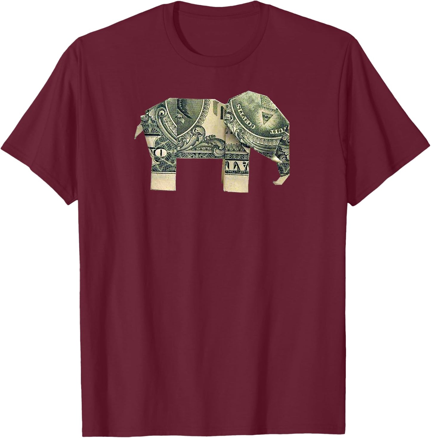Dollar Bill Origami Elephant -Good Luck Shirt T-Shirt - T-Shirt | Maroon