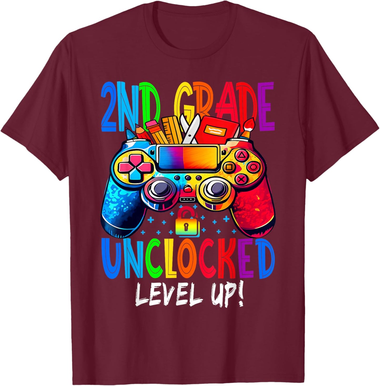 2nd Grade Unlocked Level Up Video Gamer Back To School T-Shirt - T-Shirt | Maroon