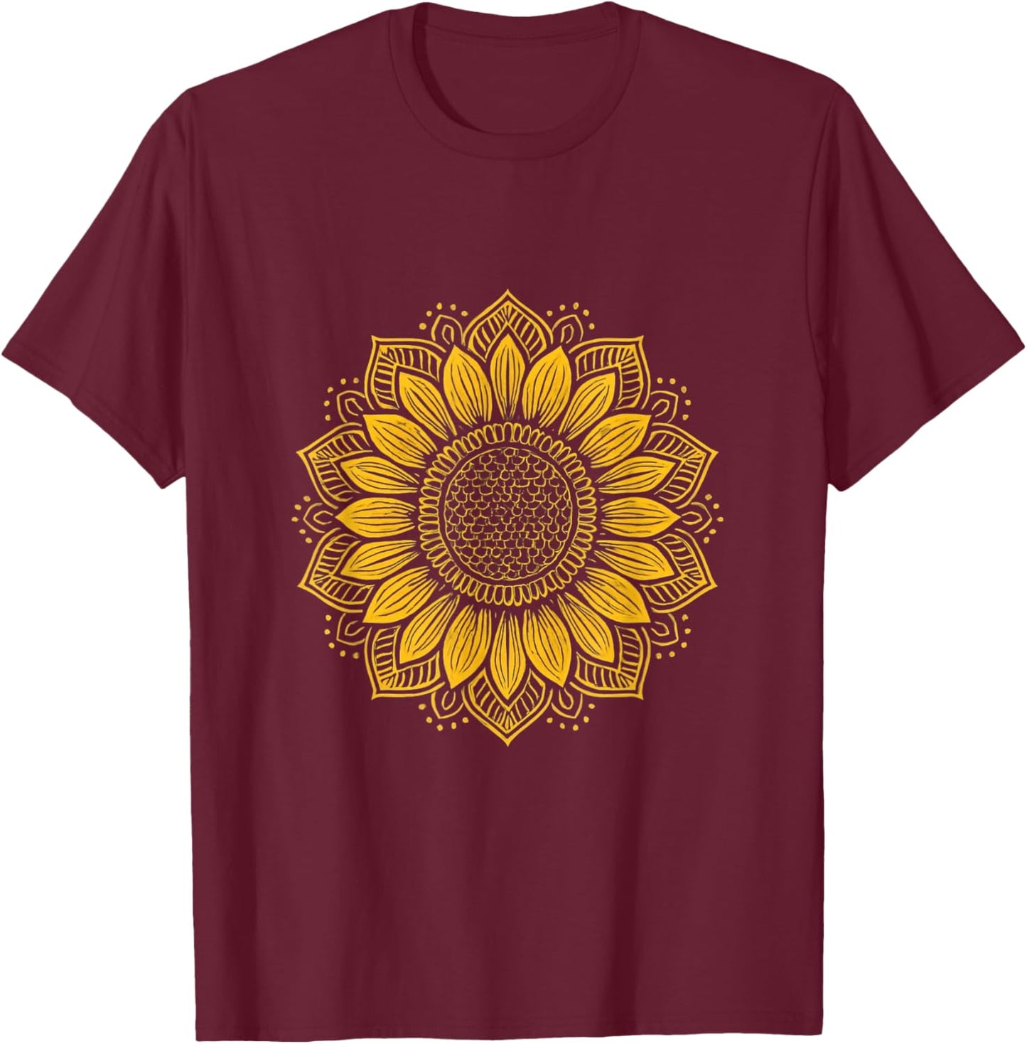 Boho Sunflower Mandala Art Floral Spiritual Yoga Nature T-Shirt - T-Shirt | Maroon