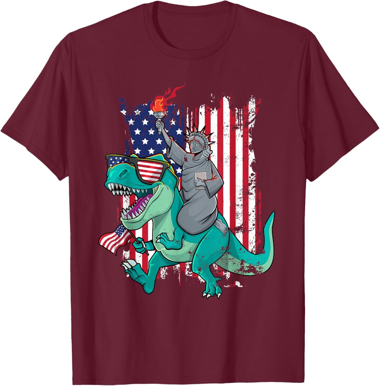 Fourth of July Funny Statue of Liberty Riding Dinosaur T-Rex T-Shirt - T-Shirt | Maroon