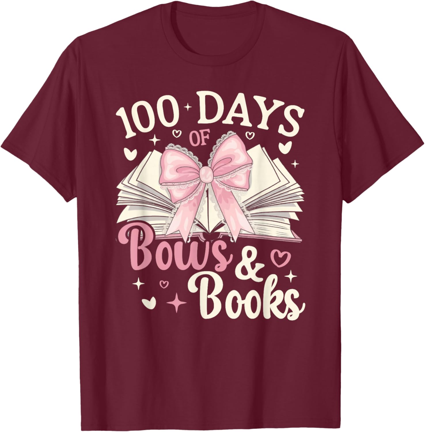 Coquette 100 Days Of Bows Books Reading 100th Day Of School T-Shirt - T-Shirt | Maroon