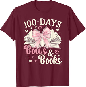Coquette 100 Days Of Bows Books Reading 100th Day Of School T-Shirt - T-Shirt | Maroon