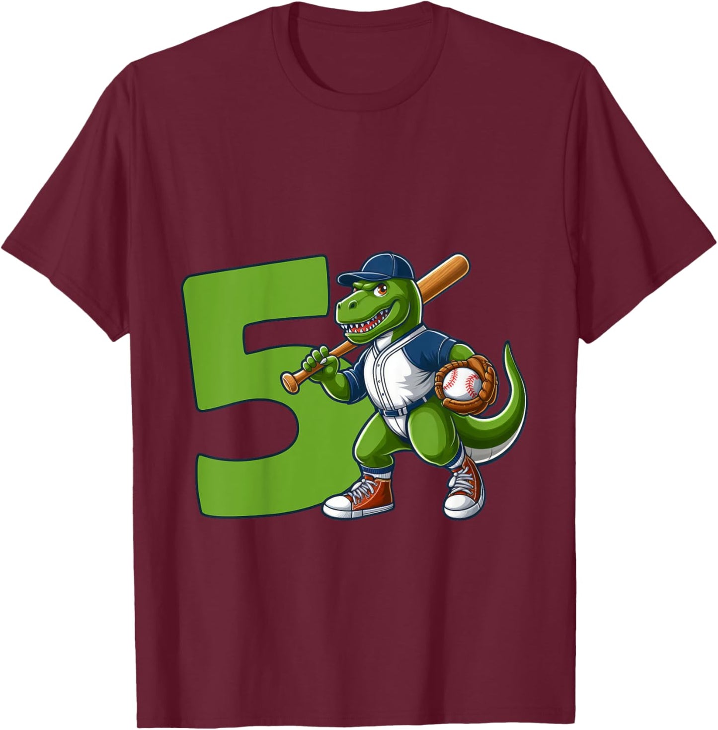 Dinosaur 5 Years Baseball 5th Birthday T-Shirt - T-Shirt | Maroon