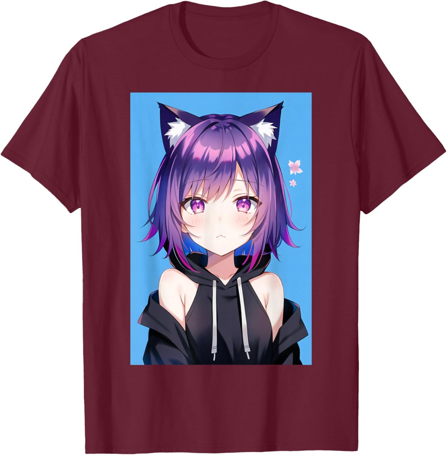 Waifu Neko Anime Cat Girl Japanese Aesthetic T-Shirt - T-Shirt | Maroon