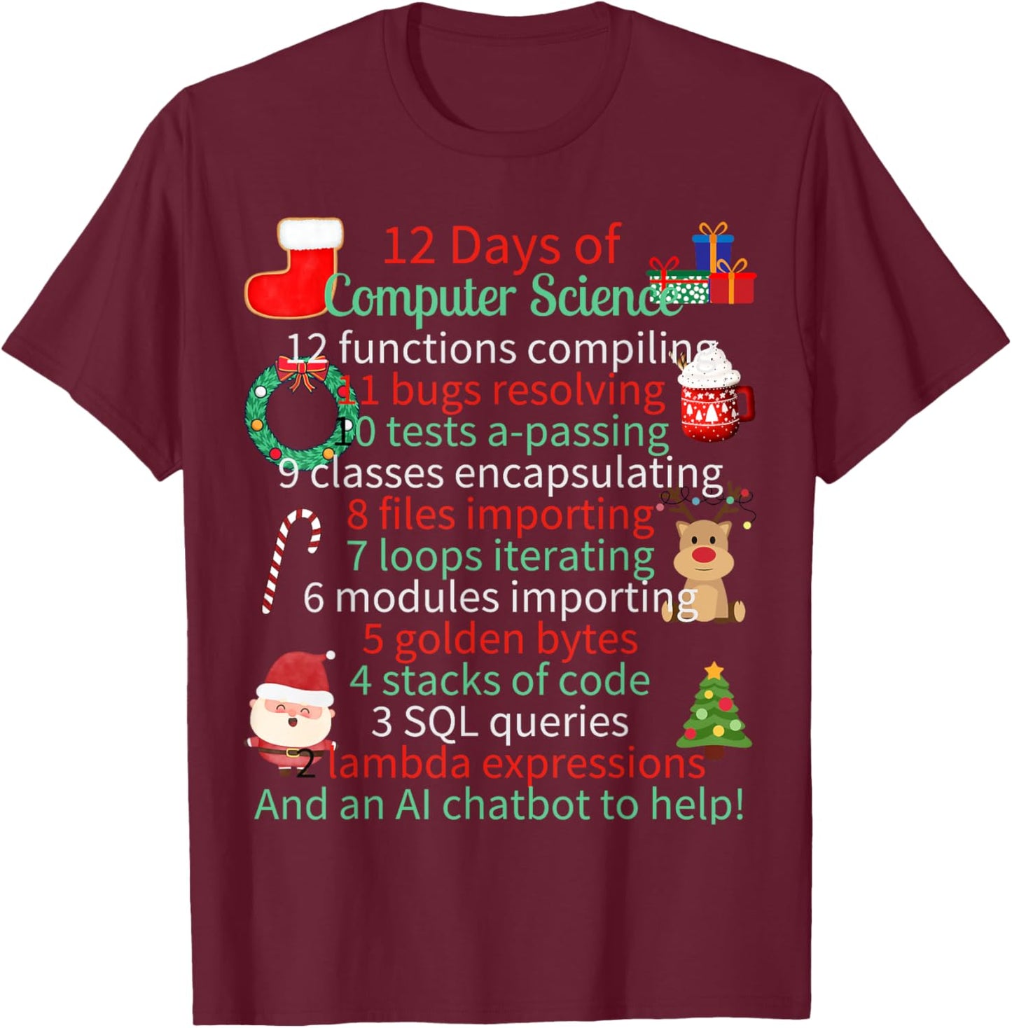 12 Days of Computer Science Christmas Themed Winter Holidays Women Kids T-Shirt - T-Shirt | Maroon