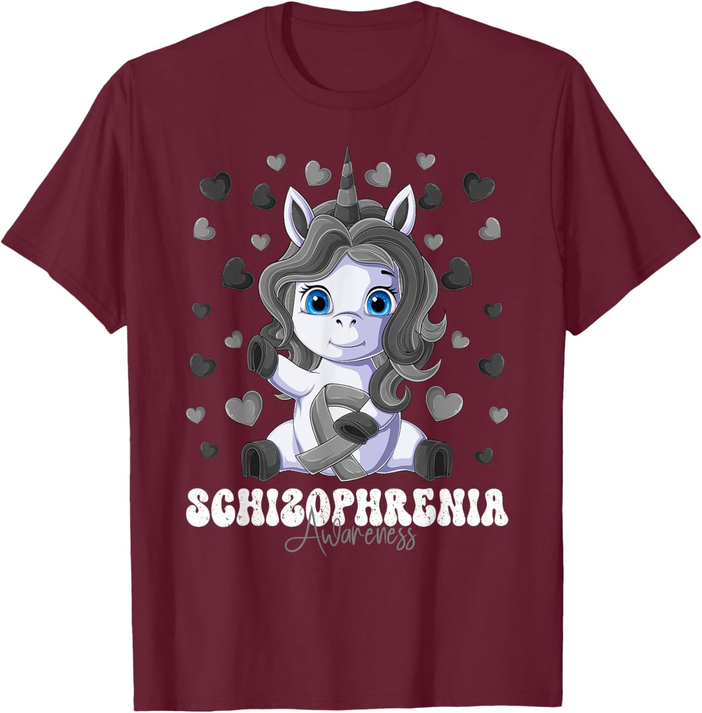 Schizophrenia Awareness Month Silver Ribbon Unicorn T-Shirt - T-Shirt | Maroon