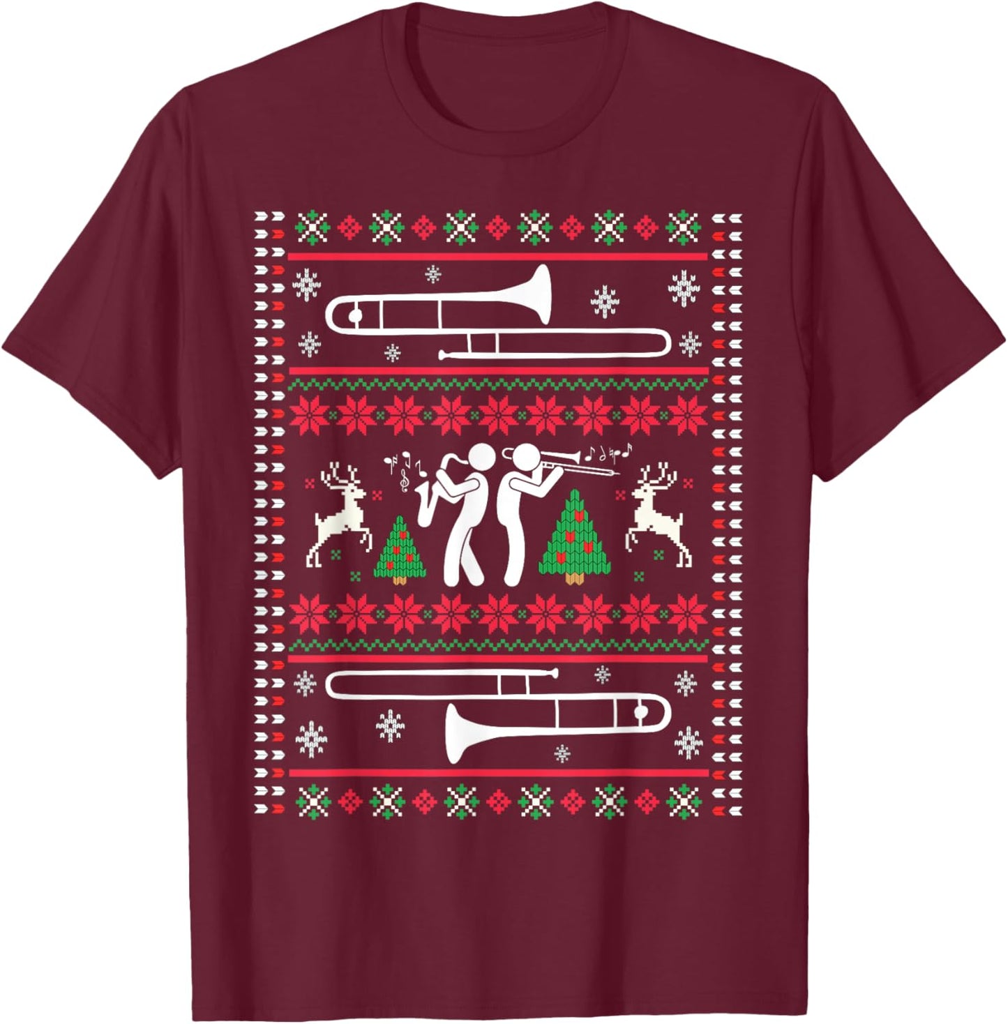 Trombone Christmas Ugly Trombonist Jazz Music Marching Band T-Shirt - T-Shirt | Maroon
