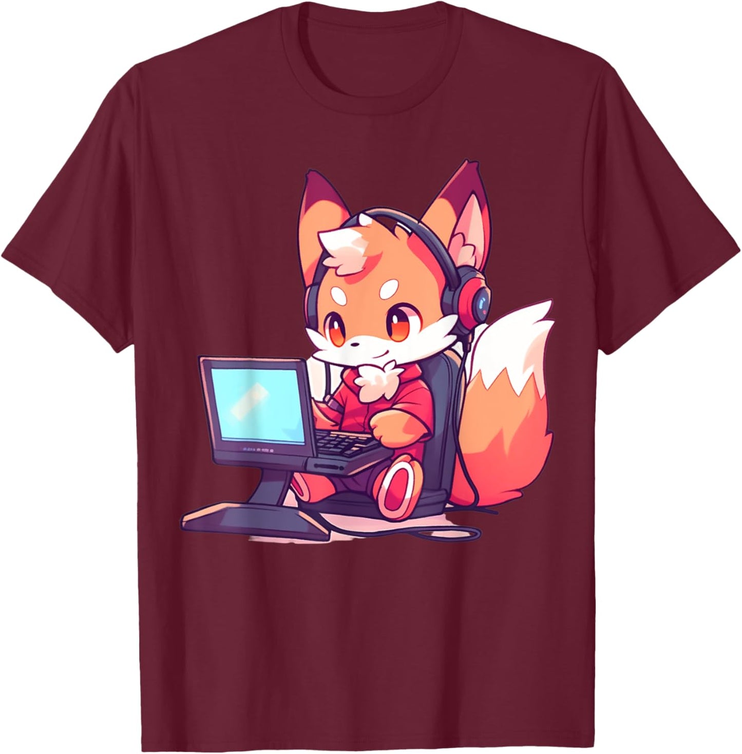 Kawaii Gamer Fox T-Shirt - T-Shirt | Maroon