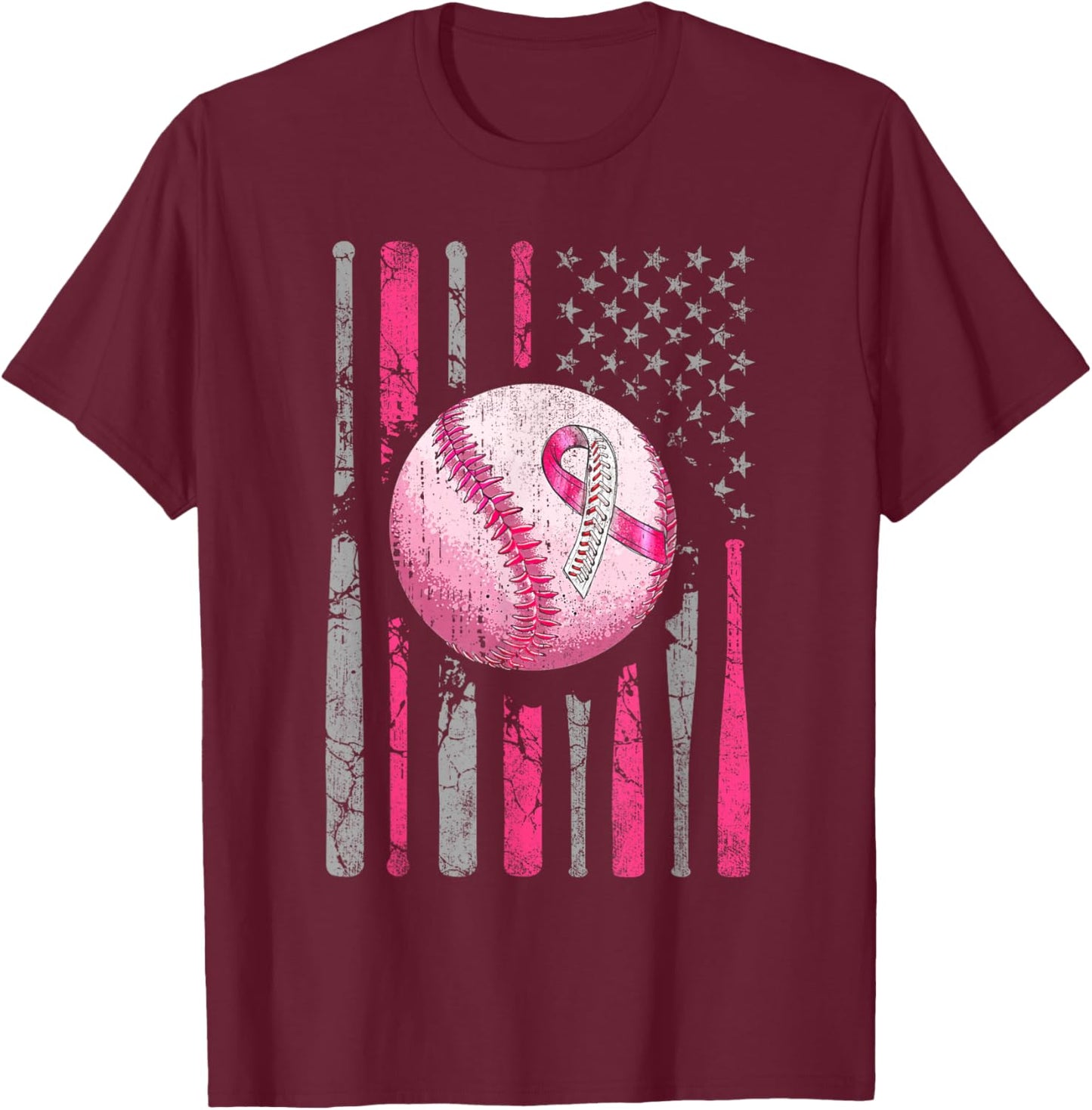 Breast Cancer Baseball Pink Ribboon American Flag Men Women T-Shirt - T-Shirt | Maroon