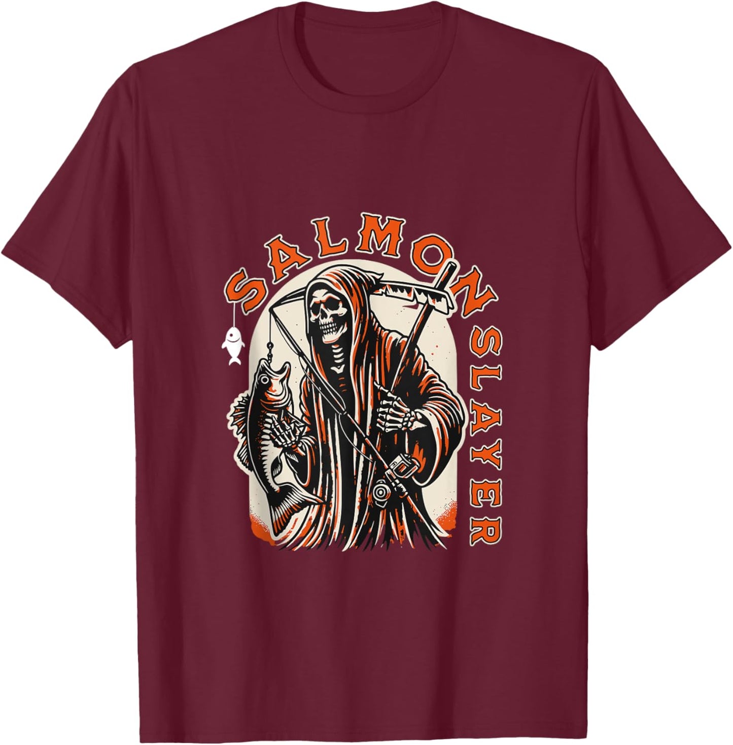 Salmon Slayer Funny skeleton Fishing Salmon Fish T-Shirt - T-Shirt | Maroon