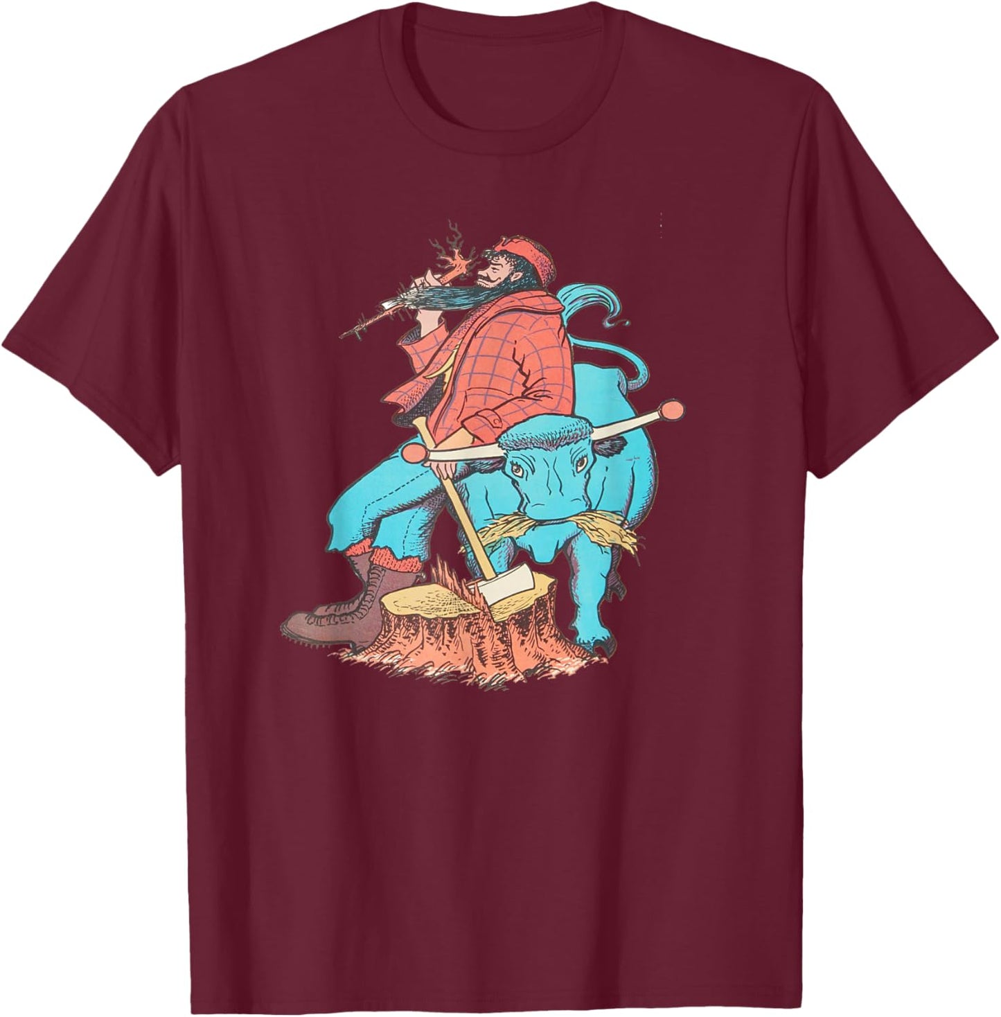 American Lumberjack Folk Hero Paul Bunyan & Babe The Blue Ox , Small, Black T-Shirt - T-Shirt | Maroon