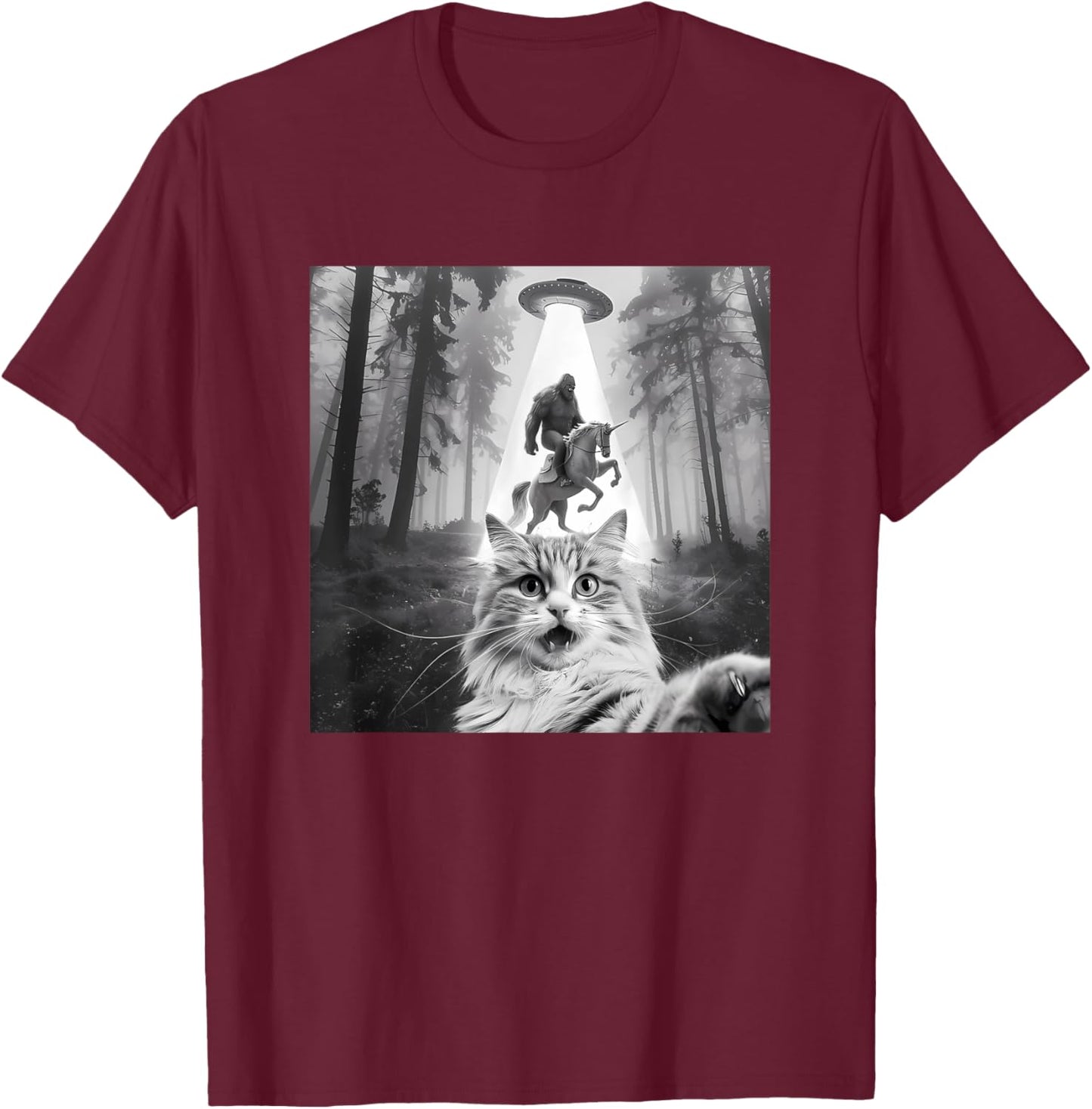 Funny UFO Cat Selfie with Bigfoot Forest Unicorn Sasquatch T-Shirt - T-Shirt | Maroon