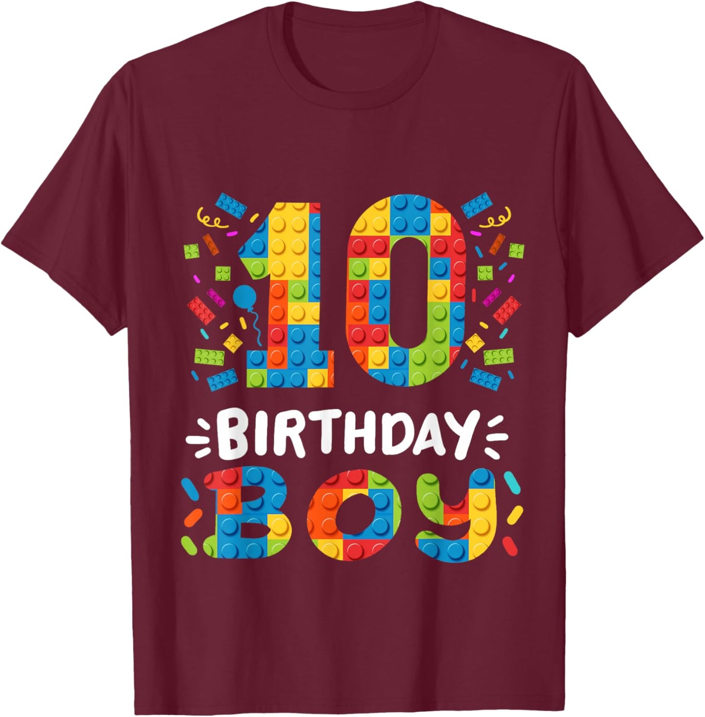 Kids 10 Years Old Building Blocks Builder 10th Birthday Boys T-Shirt - T-Shirt | Maroon
