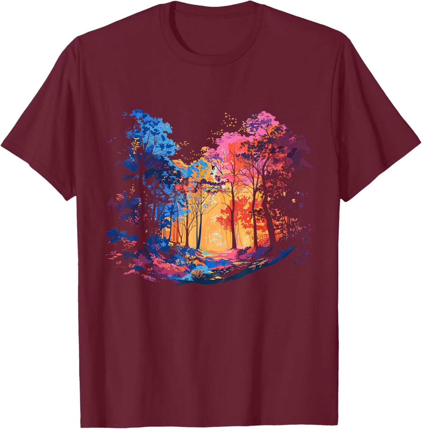 Colorful Forest, Tree Art, Natur Lover, Hiking, Men, Women T-Shirt - T-Shirt | Maroon