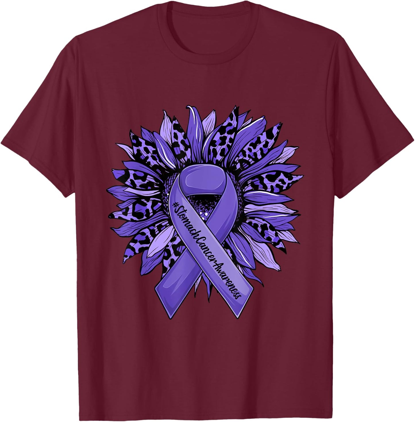 Leopard Sunflower and Periwinkle Ribbon Stomach Cancer T-Shirt - T-Shirt | Maroon