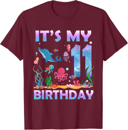 It's My 11th Birthday Sea Fish Ocean Animals 11 Years Old T-Shirt - T-Shirt | Maroon