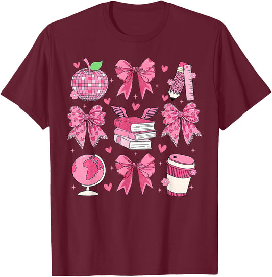 Coquette Pink Bow Apple Teacher Appreciation Valentine Day T-Shirt - T-Shirt | Maroon