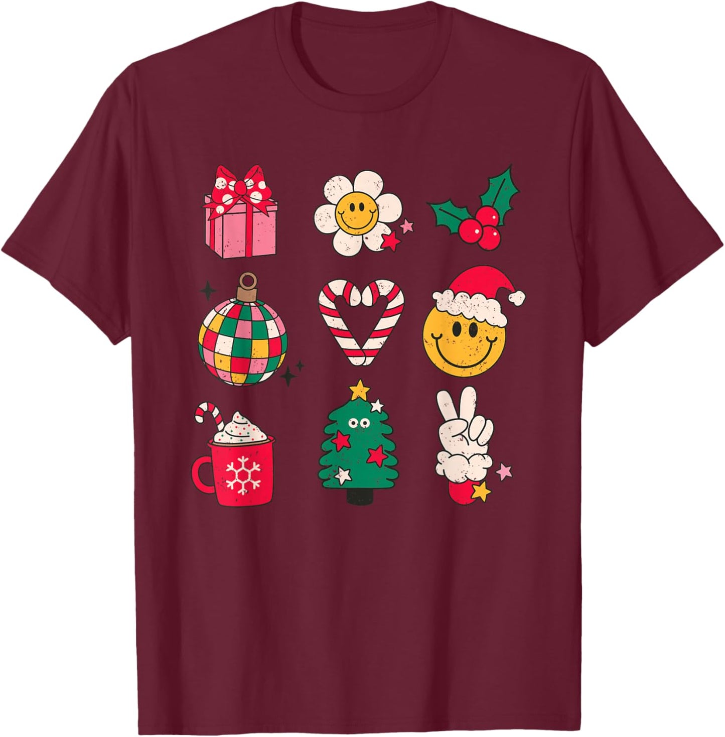 70s Cute Santa Yellow Smile Face Christmas Shirt Women Girls T-Shirt - T-Shirt | Maroon
