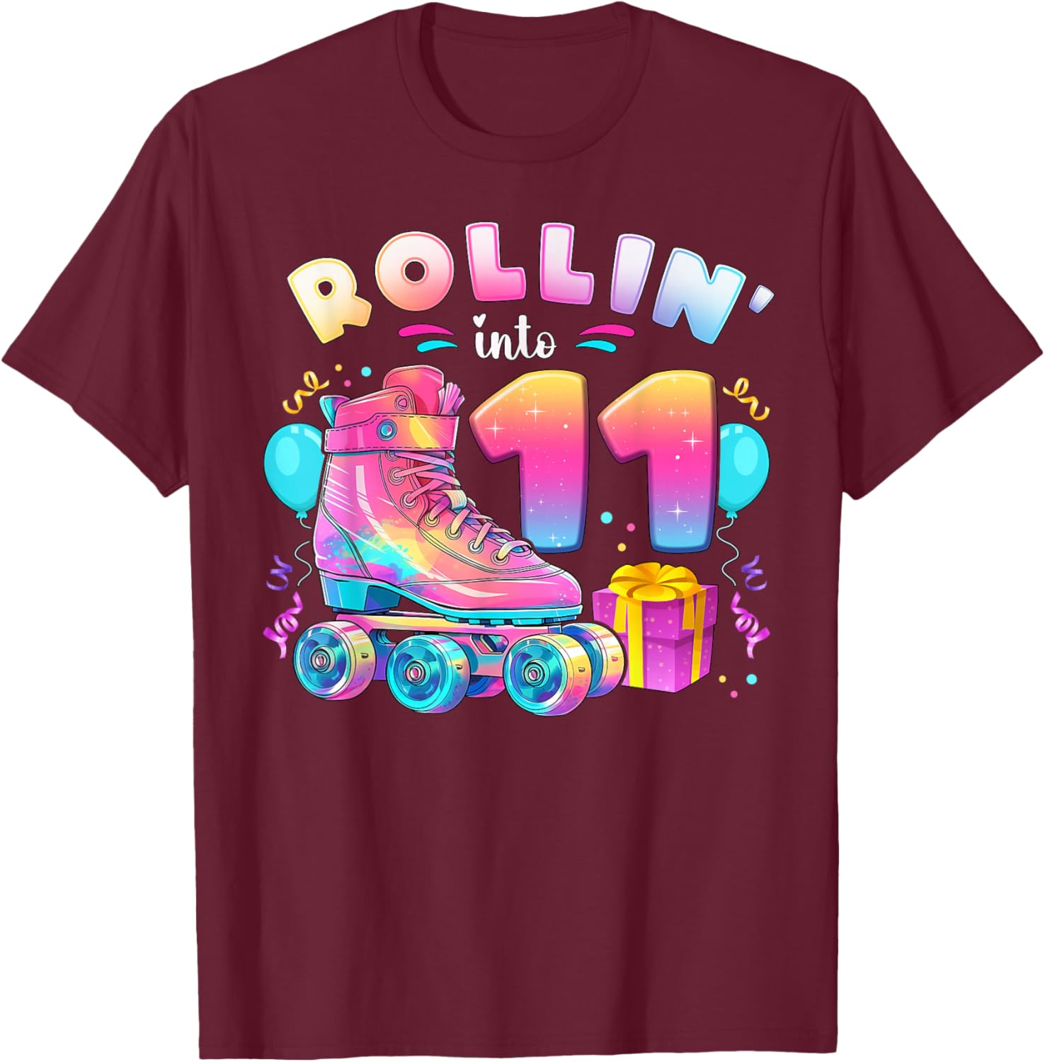 11th Birthday Girl Age 11 Roller Skates Number 11 T-Shirt - T-Shirt | Maroon