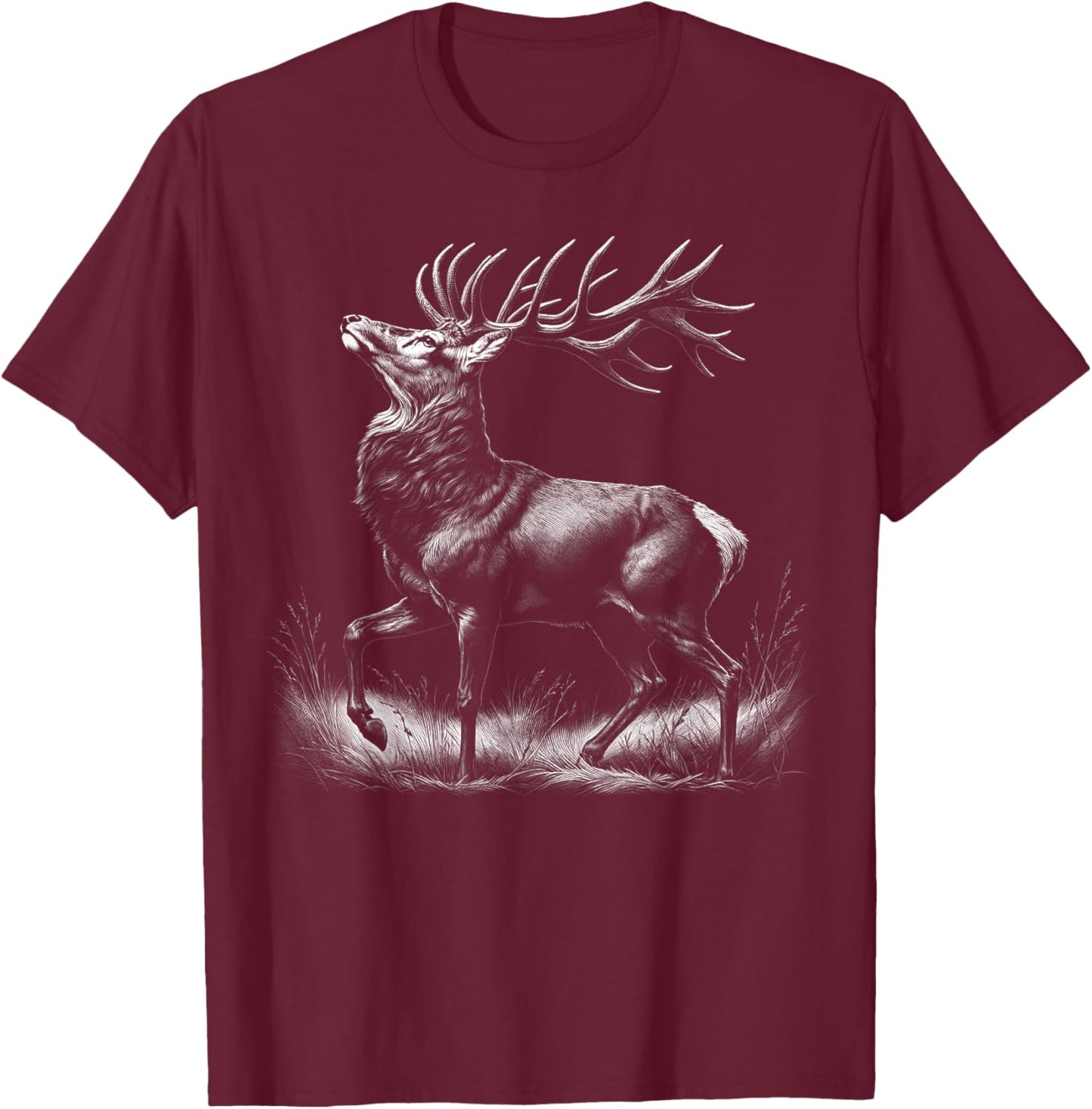 Deer in Proud Pose - Realistic Drawing Style T-Shirt - T-Shirt | Maroon