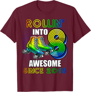 Roller Skating 8th Birthday Boys Rollin into 8 Awesome 2016 T-Shirt - T-Shirt | Maroon