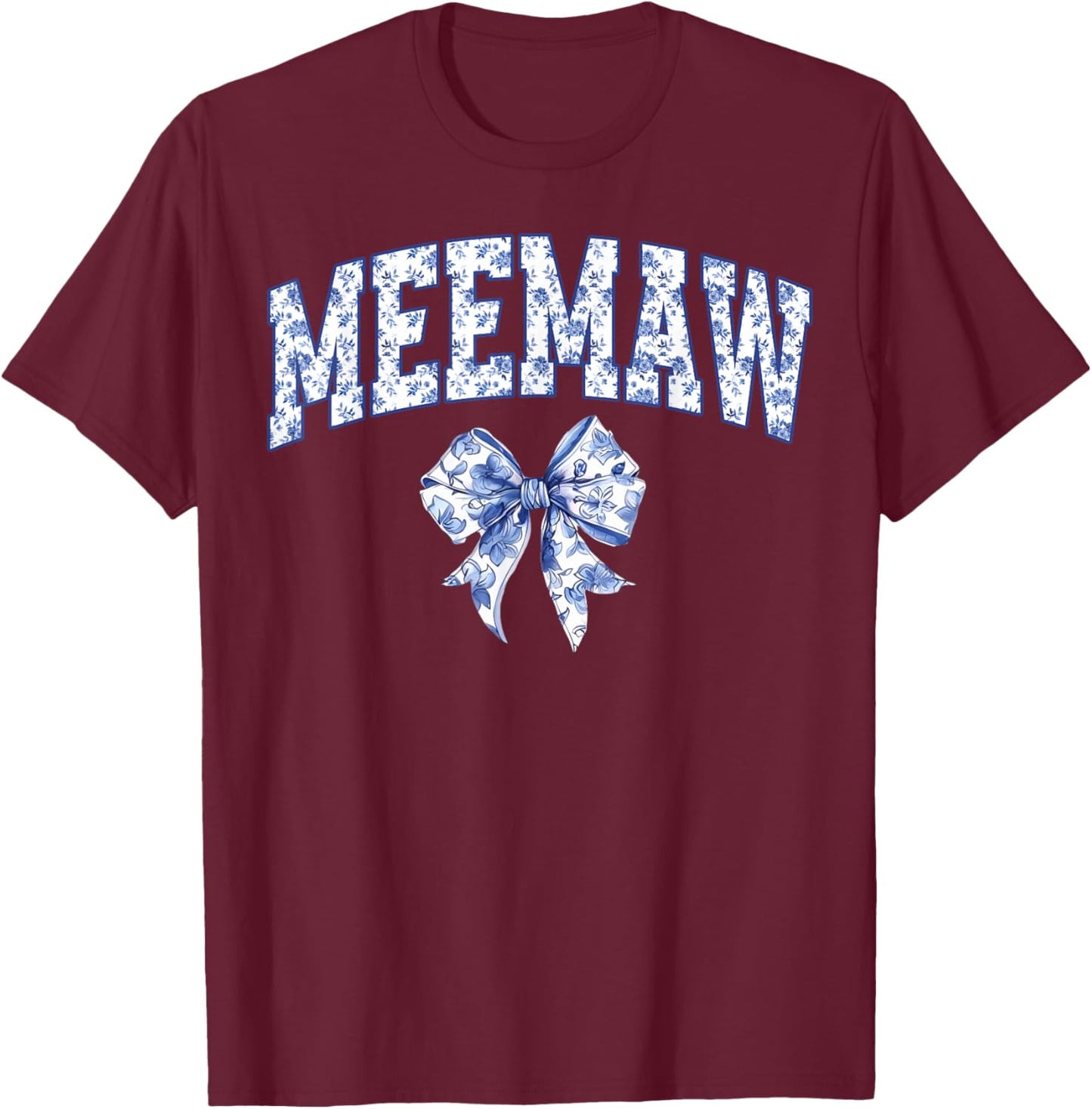 Meemaw Coquette Toile Blue Bow Floral Family Matching T-Shirt - T-Shirt | Maroon