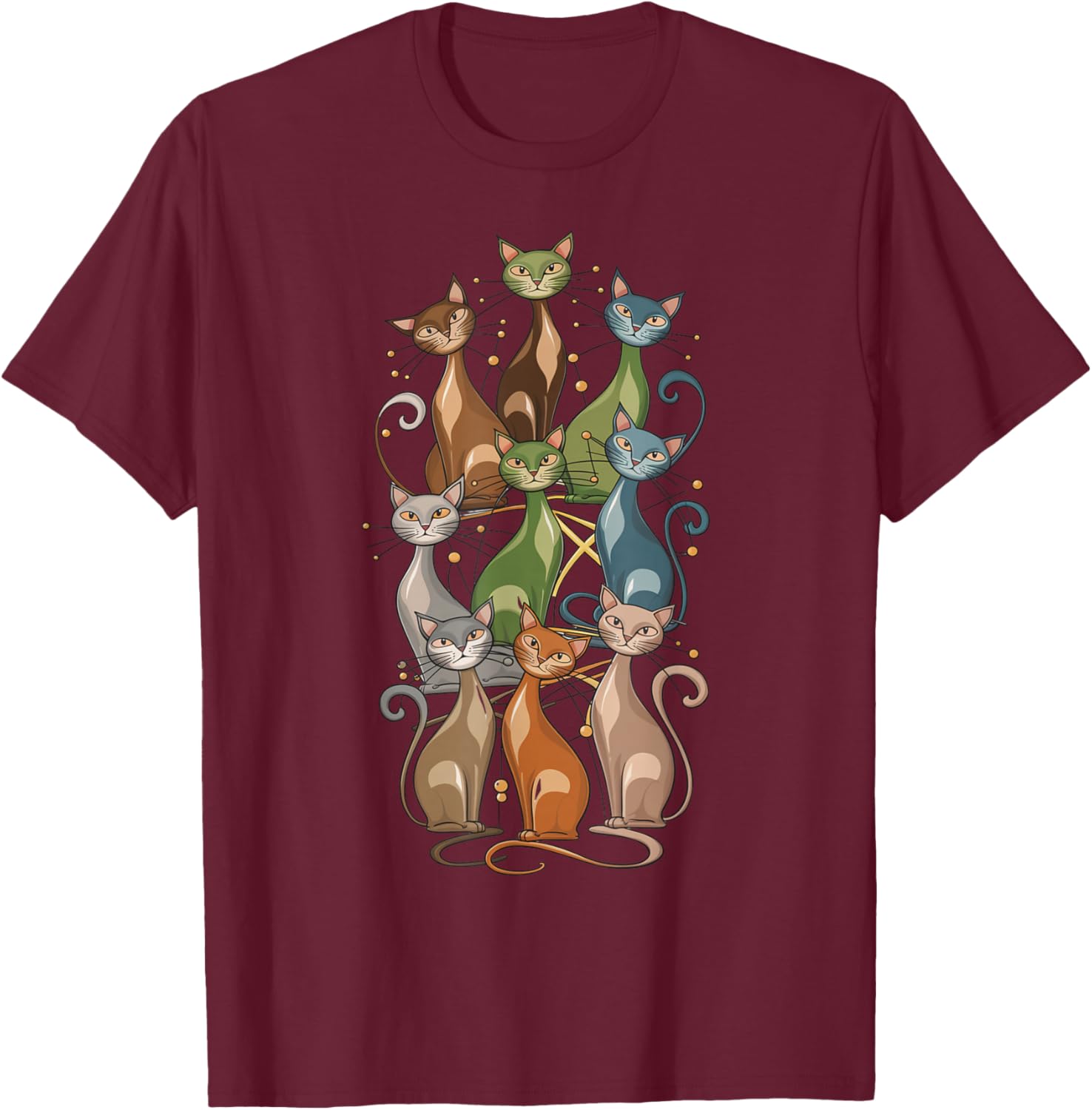 Cat Vintage Retro Mid-Century Long Neck Cats 50s 60s Style T-Shirt - T-Shirt | Maroon