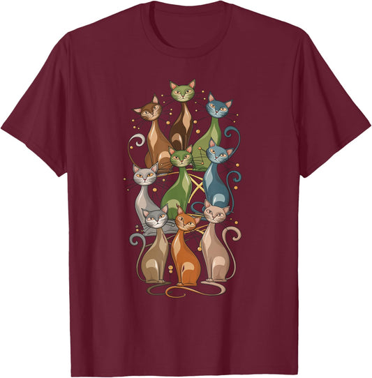 Cat Vintage Retro Mid-Century Long Neck Cats 50s 60s Style T-Shirt - T-Shirt | Maroon