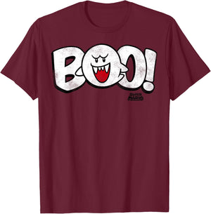 Super Mario Boo Large Text Logo Poster T-Shirt - T-Shirt | Maroon