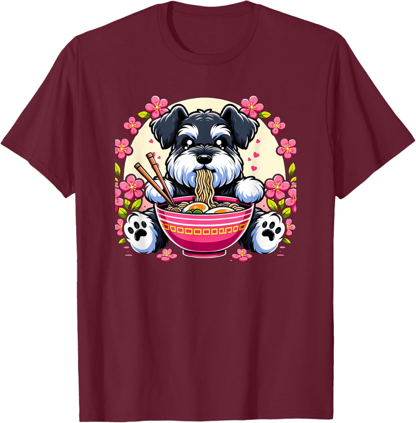 Kawaii Giant Schnauzer Dog Eating Ramen T-Shirt - T-Shirt | Maroon