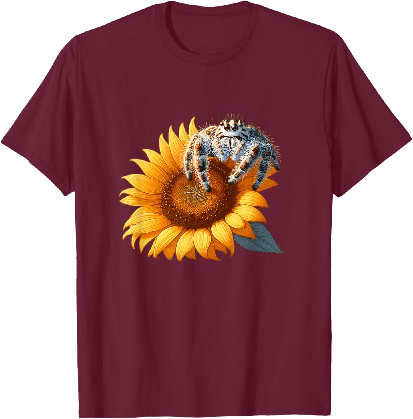 Jumping Spider on a Sunflower T-Shirt - T-Shirt | Maroon