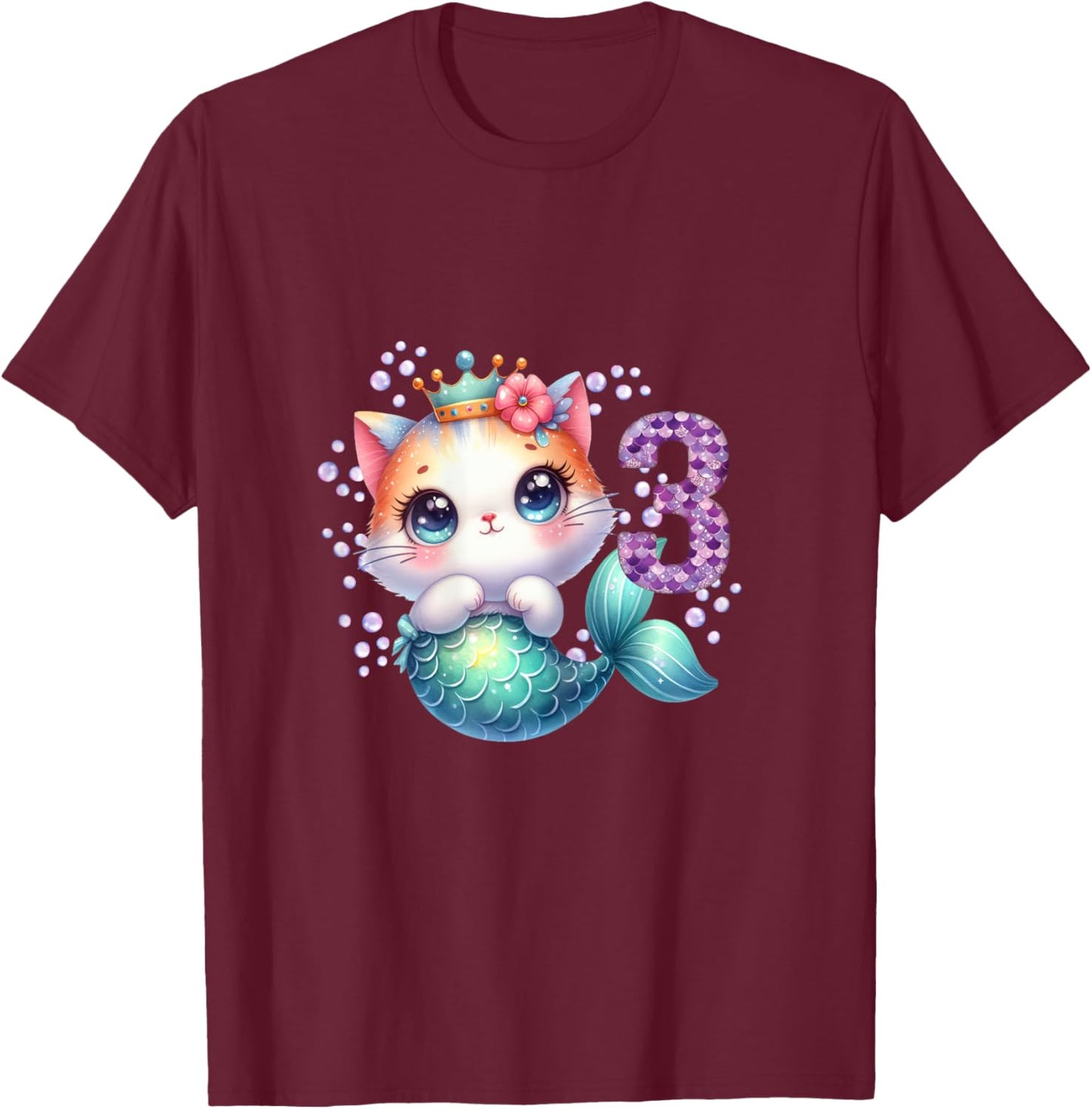 Cat Mermaid 3rd Birthday 3 Year Old Party Girls Outfit T-Shirt - T-Shirt | Maroon