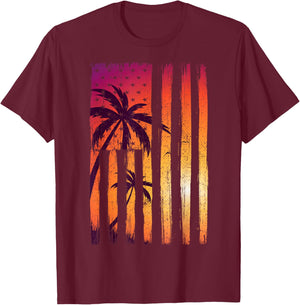Summer Sunset Palm Trees American Flag Cool Spring Beach T-Shirt - T-Shirt | Maroon
