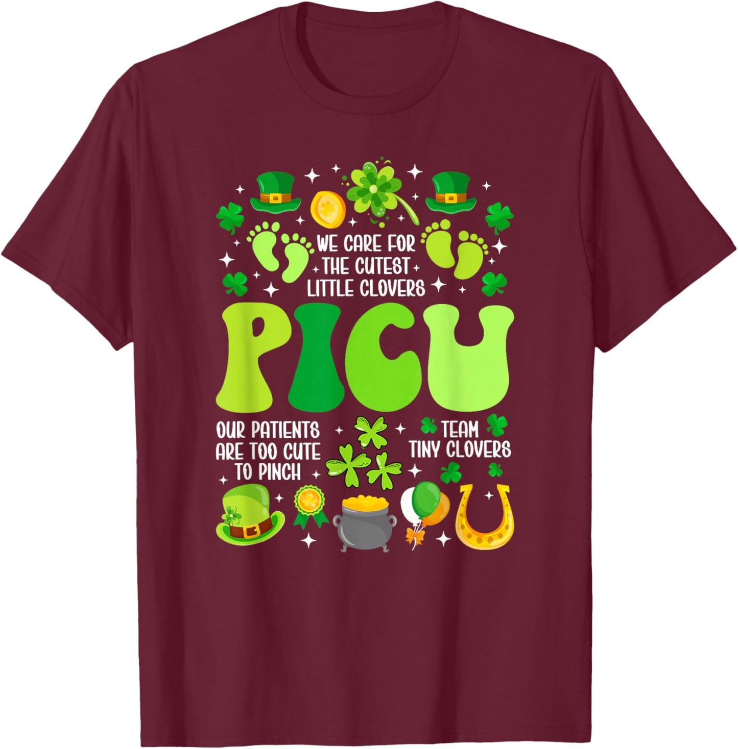 Groovy St. Patrick's Day PICU Nurse Shamrock PICU Nursing T-Shirt - T-Shirt | Maroon
